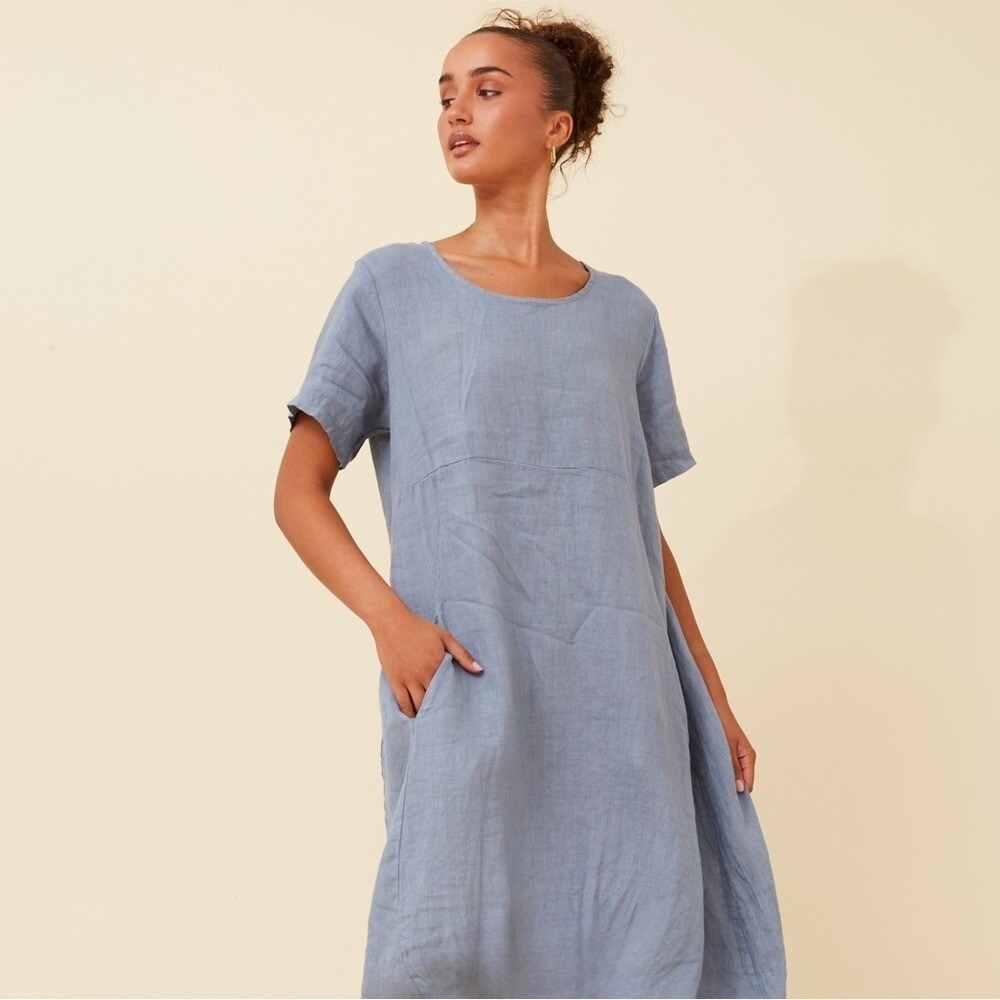 CP Shades Women's Linen Blue Short Sleeve Swing Lagenlook Midi Dress- Size Small